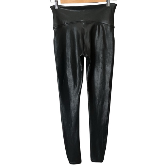 SPANX Size Medium Metallic Black Faux Leather Compression Body Shaping Leggings - Picture 2 of 8